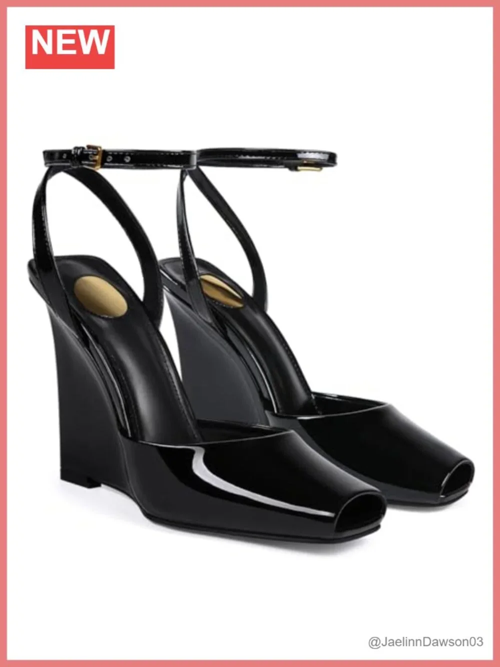Patent Leather Square Open Toe Wedge Sandals Women Buckle Ankle Strap Slingback
